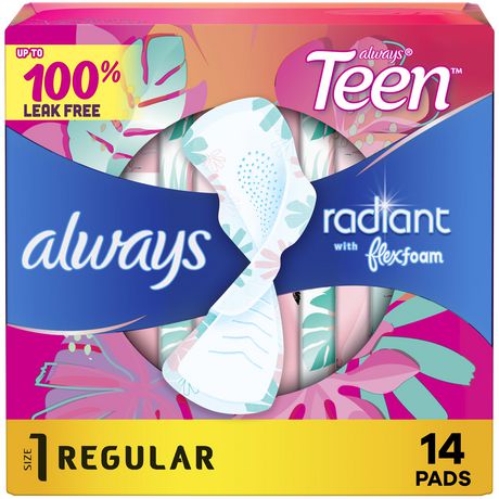 Always Radiant FlexFoam Teen Pads Regular Absorbency, 100% Leak Free  Protection is possible, with Wings, Unscented, 14 Pads
