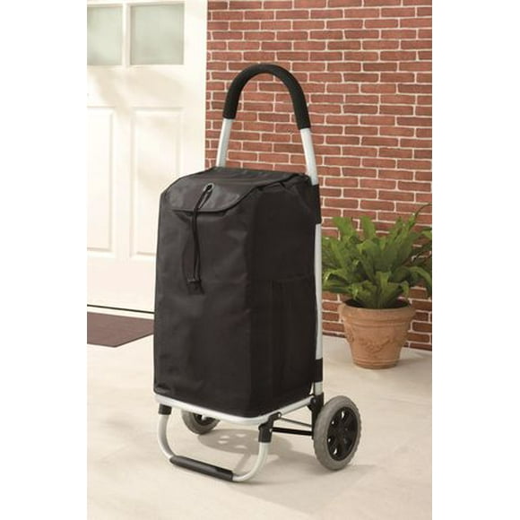 MAINSTAYS Deluxe Shopping Cart with Aluminum Frame, Folding Utility Shopping Cart, Foldable Grocery Shopping Cart with Polyester Bag, Grocery Cart, Assembled Size:18in. Wx15.35in. Dx39 in. H; Color: Black bag with Aluminum Frame