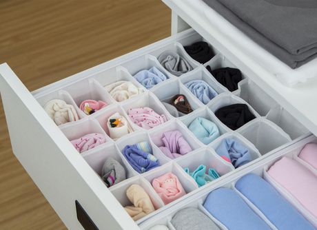 Mainstays 24 Compartment Drawer Organizer/White; Drawer Organizers Foldable  Cabinet Closet Organizers and Storage Boxes for Storing Socks, Underwear,  Ties; 