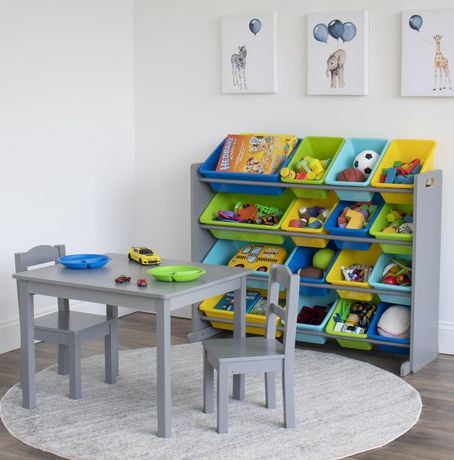 Humble Crew Elements Super Sized Toy Storage Organizer With 16 Bins Grey And Blue Green Yellow Canada Super Sized Toy Storage Organizer, Extra Large Toy Organizer 16 Storage Bins