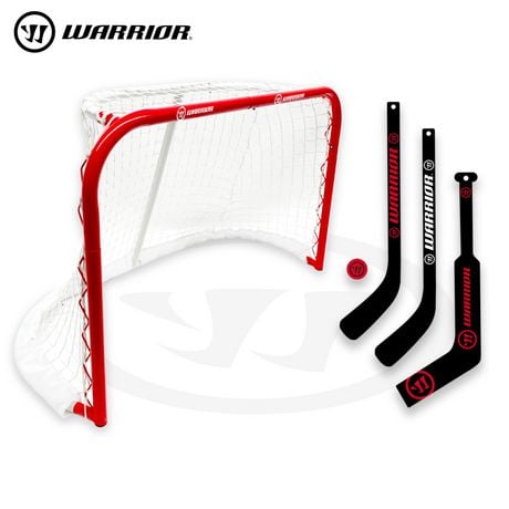 Warrior 31" Mini Pro-Style Hockey Goal Combo Set - Metal 31" Net, 2 Mini Player Sticks, 1 Mini Goalie Stick and 1 Mini Hockey Ball, For Ages 3+