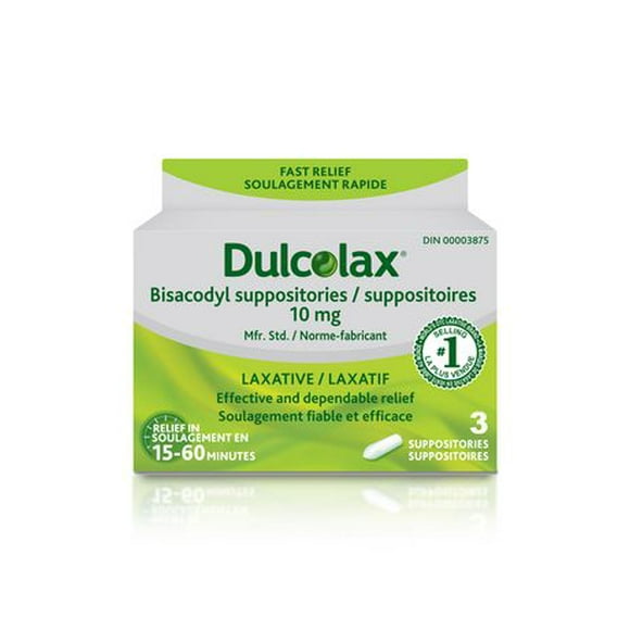 Dulcolax, 10 mg de Bisacodyl,  3 suppositoires de laxatif  – Soulagement efficace de la constipation occasionnelle, Soulagement dans les 15 à 60 minutes, Convient aux enfants de 12 ans et plus, aux adultes et aux femmes qui allaitent 10 mg de Bisacodyl, 3 suppositoires
