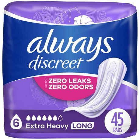 Always Discreet Adult Incontinence Pads for Women, Extra Heavy Absorbency, Long Length, Postpartum Pads, 45CT