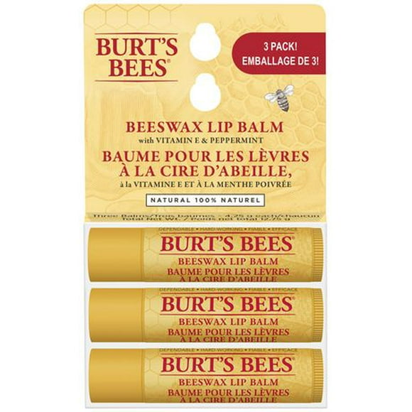 Baume hydratant pour les lèvres à la cire d’abeille d’origine naturelle à 100 % de Burt’s Bees, formule originale avec vitamine E et huile de menthe poivrée 3x4,25g