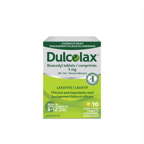 Dulcolax, 5 mg de Bisacodyl, 10 comprimés de laxatif stimulant  -  Soulagement efficace de la constipation occasionnelle pour adultes en 6 à 12 heures, Stimule l'intestin, Convient aux enfants de 6 ans et plus, aux adultes et femmes qui allaitent 10 comprimés