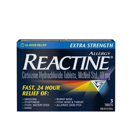 Reactine Extra fort, comprimés antiallergiques/antihistaminiques, chlorhydrate de cétirizine à 10 mg, soulagement 24 h