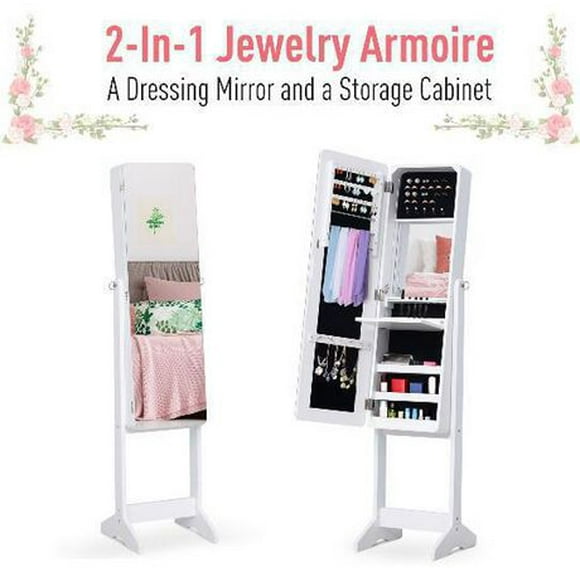 HOMCOM Freestanding Mirrored Jewelry Cabinet Armoire LED Light Inside