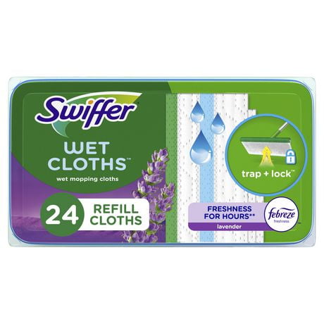 Swiffer Sweeper Wet Mopping Cloth Refills for Floor Mopping and Cleaning, Multi-Surface Floor Cleaner with Febreze Freshness, Lavender Scent, 24CT