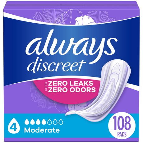 Always Discreet Adult Incontinence Pads for Women, Moderate Absorbency, Regular Length, Postpartum Pads, 108CT