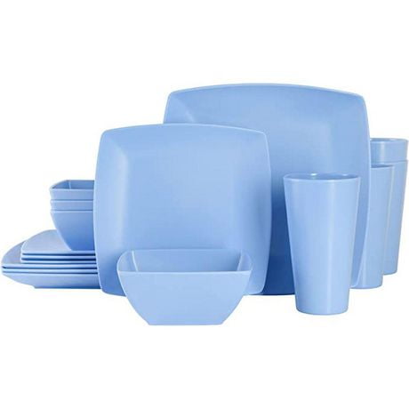Gibson Home Grayson Square Service de vaisselle en mélamine 16 pièces Bleu
