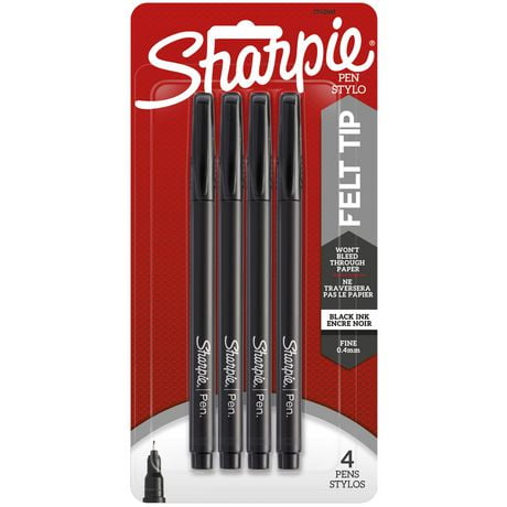 Sharpie Felt Tip Pens, Fine Point (0.4mm), Black, 4 Count, Quick-drying ink