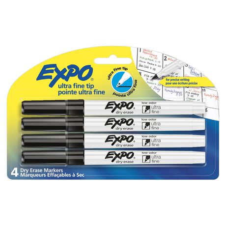 Expo Low Odour Dry Erase Markers, Ultra-Fine Tip, Black, 4 Count, Dry erase markers in bold black