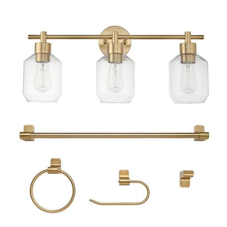 Globe Electric Cannes 5-Piece Matte Brass All-In-One Bathroom Hardware Set with 3-Light Vanity Light Fixture and Clear Glass Shades