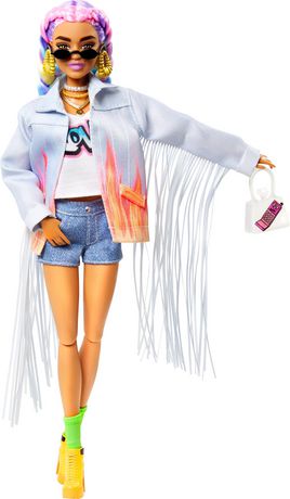 Barbie Extra Doll #5 in Long-Fringe Denim Jacket with Pet Puppy, Rainbow  Braids, Layered Outfit & Accessories Including Car for Pet, Multiple  Flexible 