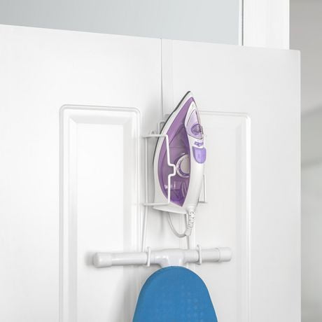 Mainstays Iron and Board Holder, Store both T-leg and 4-leg style ironing boards, Mounts onto wall (hardware included) or hangs over the door