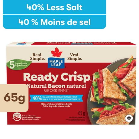 Bacon naturel à teneur réduite en sel tout cuit en tranches Ready Crisp Maple Leaf 65g