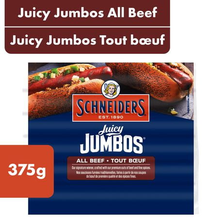 Schneiders Juicy Jumbos All Beef Hot Dogs, 5 Wieners, 375 g