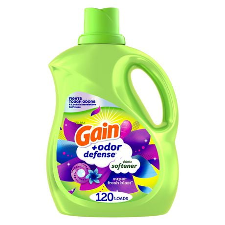 Assouplissant textile liquide Gain + Odor Defense, parfum Super Fresh Blast, compatible avec les laveuses HE