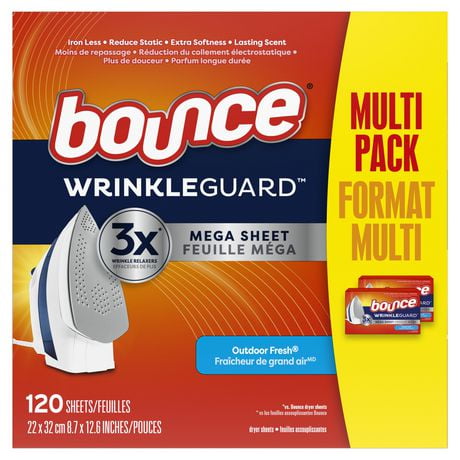 Bounce WrinkleGuard Mega Dryer Sheets, Wrinkle Release Fabric Softener Sheets with Outdoor Fresh Scent, 120CT