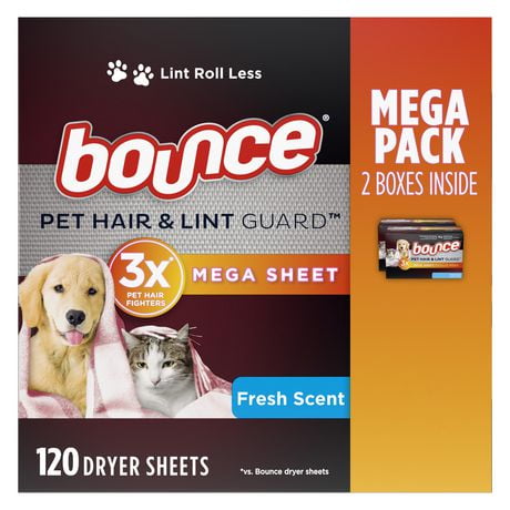 Bounce Pet Hair and Lint Guard Mega Dryer Sheets with 3X Pet Hair Fighters, Fresh Scent, 120 Sheets