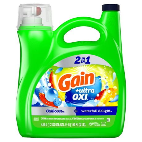 Gain Ultra Oxi Liquid Laundry Detergent, Waterfall Delight Scent, 2-in-1, HE Compatible, 107 loads, 4.55 L