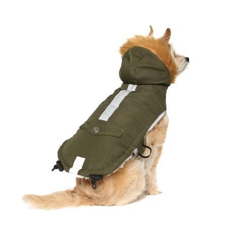 Vibrant Life pour chien: Veste matelassée verte réfléchissante avec capuche ornée de fausse fourrure, tailles XS-XL