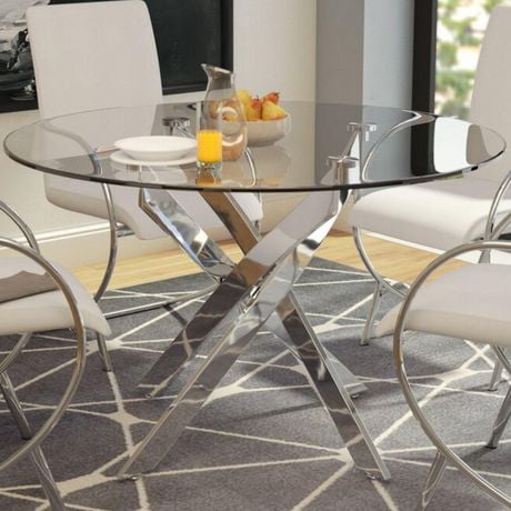 Star Round Glass Dining Table with Metal Star base in Shinny Chrome, Glass Dining Table 36"