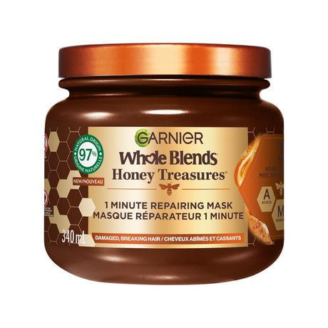 Garnier Whole Blends Honey Treasures Masque pour Cheveux Abîmés, 50% moins de fissures, 10x moins de cassures, 2x moins de pointes fourchues, application en 1 minute, 340ml Masque pour cheveux abîmés