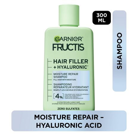 Garnier Fructis Hair Fillers + Acide Hyaluronique Shampoing Sans Sulfates Réparateur Hydratant, pour Cheveux Bouclés & Ondulés, jusqu'à 15X plus Humides & 100 heures de Contrôle des Frisottis, 300ml Hydrate les cheveux bouclés