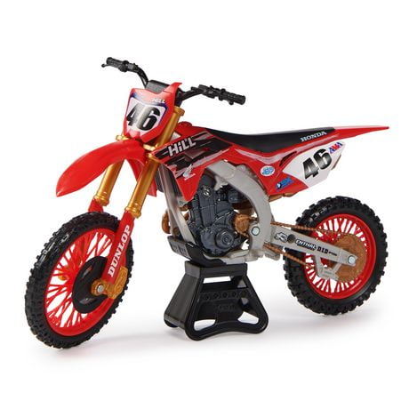 Supercross, Moto authentique de Justin Hill en métal moulé à l'échelle 1:10 avec figurine motocycliste, pour les enfants et les collectionneurs à partir de 5 ans
