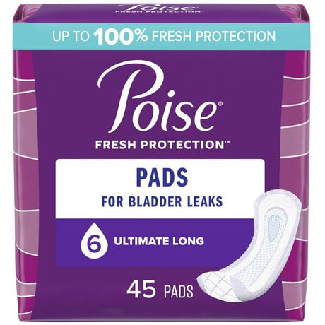 Poise Incontinence Pads for Women, 6 Drop, Ultimate Absorbency, Long, 45Ct, 45 Pads