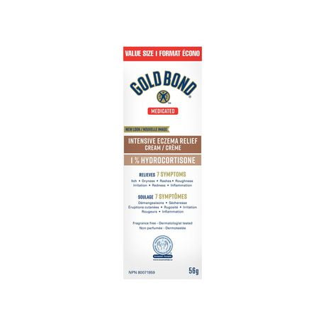 Gold Bond Eczema Relief Crème Médicamentée 1% Hydrocortisone, 56g, traitement médicamenteux de l'eczéma avec 5 hydratants pour soulager les démangeaisons, les éruptions cutanées, les rougeurs, la rugosité, les irritations et l'inflammation 56 g