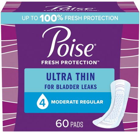 Poise Ultra Thin Incontinence Pads for Women, 4 Drop, Moderate Absorbency, Regular, 60Ct, 60 Count