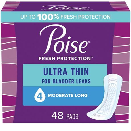 Poise Ultra Thin Incontinence Pads for Women, 4 Drop, Moderate Absorbency, Long, 48Ct, 48 Count