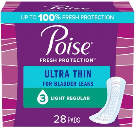 Poise Ultra Thin Incontinence Pads for Women, 3 Drop, Light Absorbency, Regular, 28Ct, 28 Count