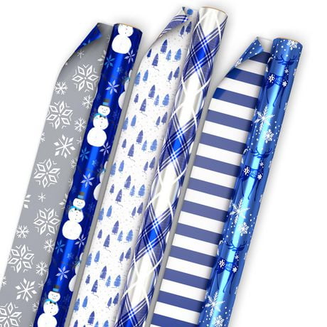 Hallmark 3-Pack Assorted Holiday Blue and Silver Reversible Wrapping Paper Roll Bundle (50 sq. ft. total), Blue Christmas Gift Wrap Rolls