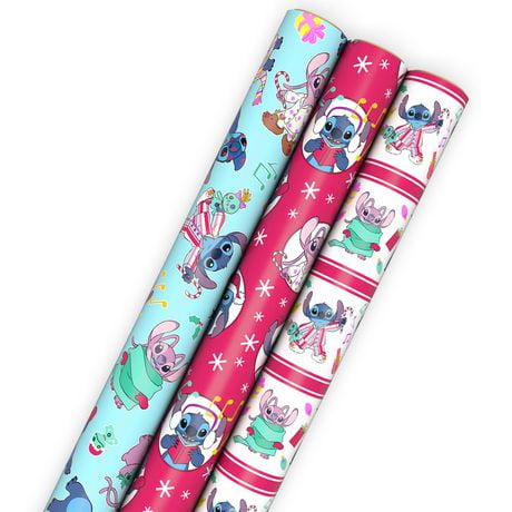 Hallmark Disney Stitch 3-Pack Assorted Christmas Holiday Romance Wrapping Paper Roll Bundle with Cutlines on Reverse