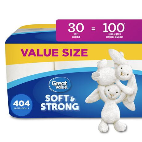 Great Value, Septic Safe Toilet Paper, 30 Family equal 100 rolls, 404 tissues per roll
