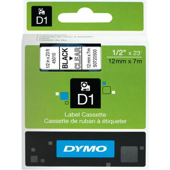 DYMO D1 Standard 45010 Label Maker Tape, 0.5"W, Black On Clear