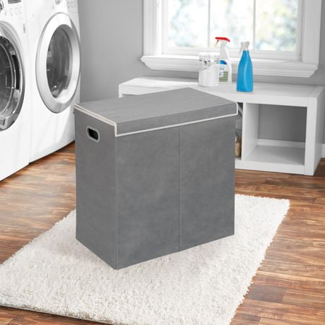 Mainstays Double Laundry Hamper with lid, two removable mesh sorters, grey color with white trim, Product size: 23 in. W x 13 in. D x 22.8 in. H