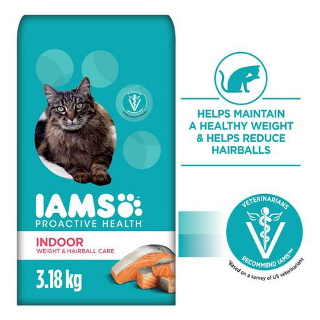 Nourriture pour chats adultes Iams Proactive Health Chat d’intérieur Contrôle du poids et des boules de poils avec saumon 1,59-7,26kg
