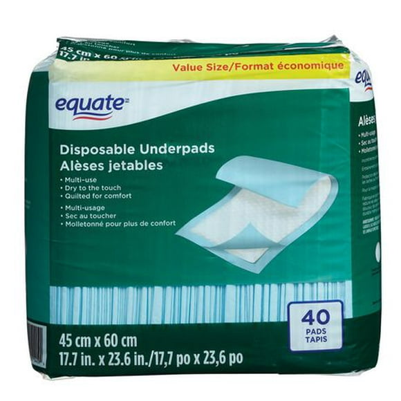 Equate Disposable Underpads 45X60CM, 40CT, multiple use pads, 45x60cm,40ct