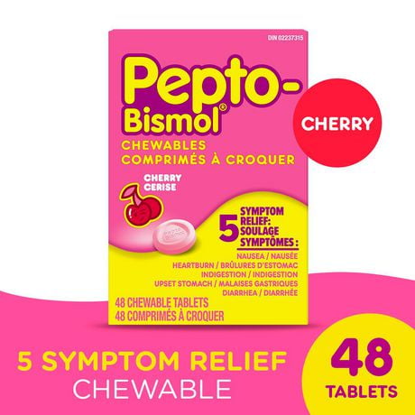 Pepto Bismol Chewable Tablets for Nausea, Heartburn, Indigestion, Upset Stomach, and Diarrhea Relief, Cherry Flavor, 48 Chewable Tablets