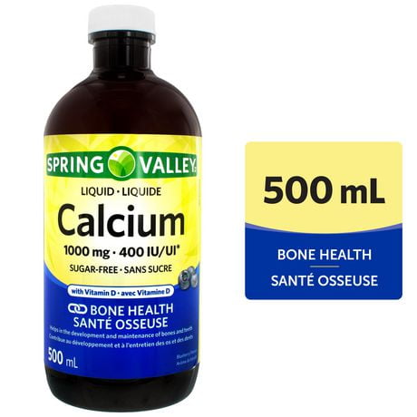 Spring Valley Liquide Calcium1000 mg • 400 UI avec Vitamine D Arôme de bleuets - Sans sucre 500ml