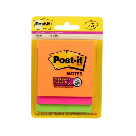 Feuillets super collants 3321-SSAU Post-it®, collection Rio de Janeiro, 3 blocs/paquet, 45 feuillets/bloc Feuillets 3321-SSAU Post-it®