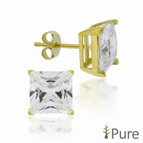 14KT Gold Plated Cubic Zirconia Square Studs 7mm Sterling Silver ...