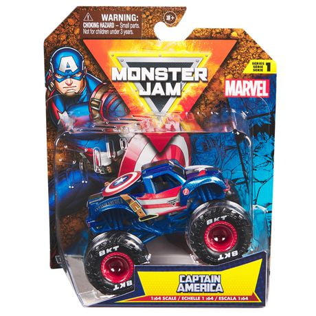 Monster Jam, Monster truck Marvel Captain America officiel, véhicule en métal moulé, échelle 1:64, jouets de super-héros pour garçons à partir de 3 ans