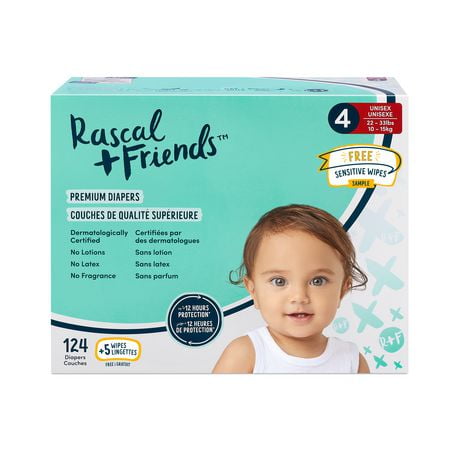 Rascal + Friends Premium Jumbo Diapers, Unisex, Sizes 1-7, Count 88-168