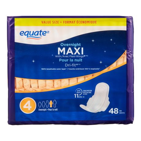 Equate Overnight Heavy Flow Maxi Pads with Flexi-Wings®, 48 count pack