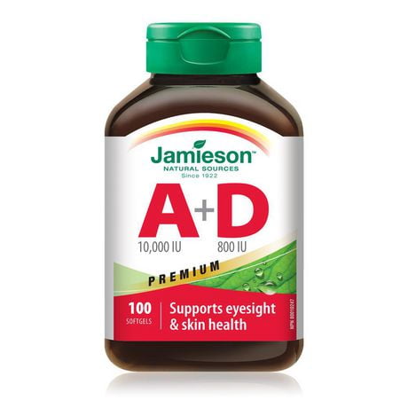 Jamieson Vitamin A 10,000 IU Plus Vitamin D3 800 IU Premium Softgels, 100 softgels